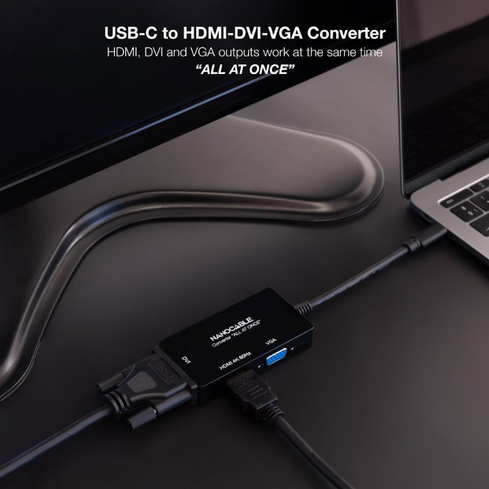 Nanocable Conversor USB-C a HDMI, DVI y VGA, Negro